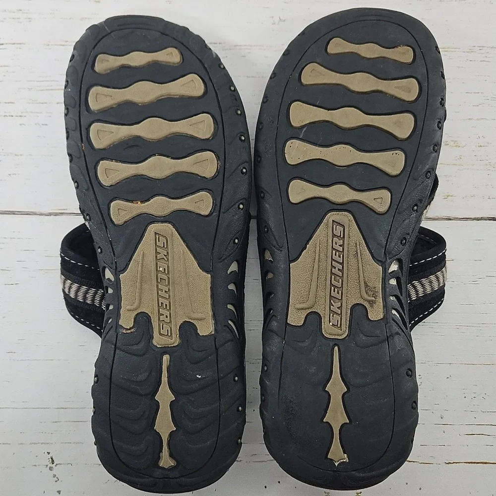 Skechers Reggae Rasta Women 8 Black Tan Flip‎ Flop Thong Sandals Slip On Comfort